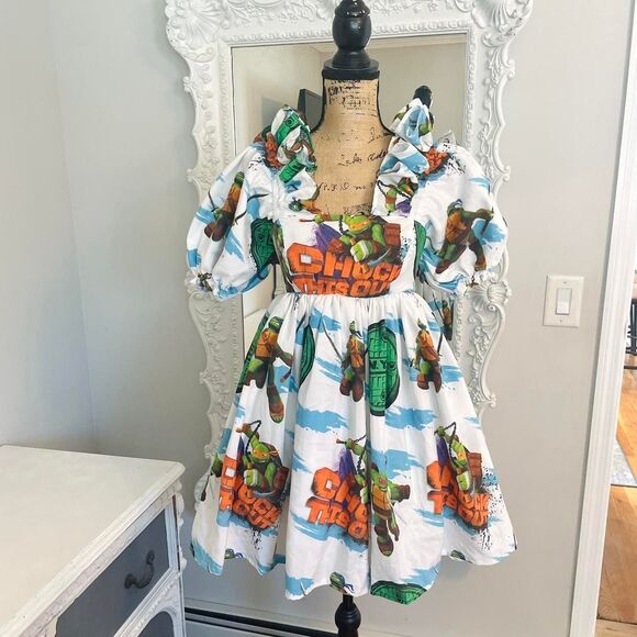 New York Couture Reworked Teenage Mutant Ninja Turtles Ruffle Puff Sleeve Dress - Picture 1 of 6